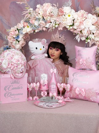 Pink quinceanera cake knife set with 1 glass