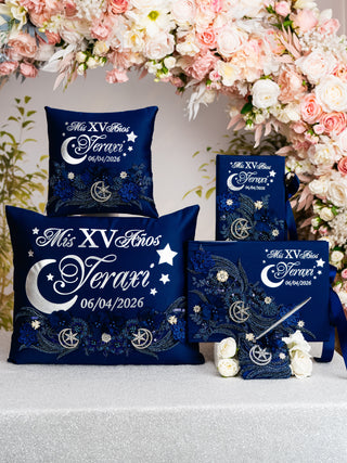 Moon and Stars themed Quinceanera Navy Bible with Rosary (in english)