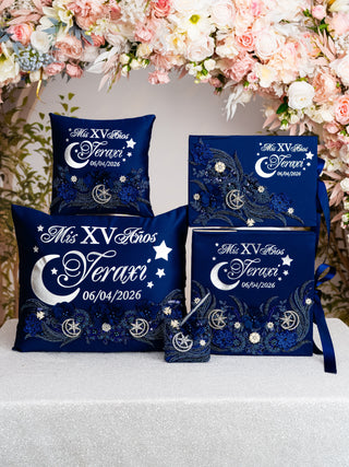 Moon and Stars themed quinceanera navy Bible with Rosary (in spanish)