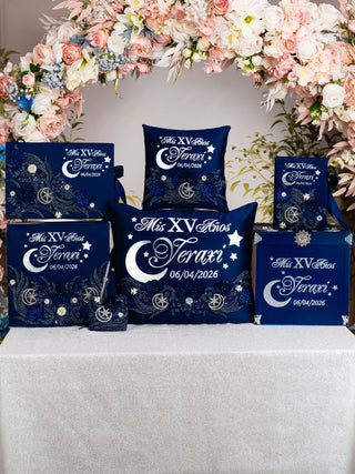 Moon and Stars themed Quinceanera Navy package of pillows set, Bible and guest book