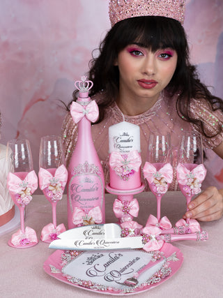 Pink quinceanera cake knife set with 1 glass