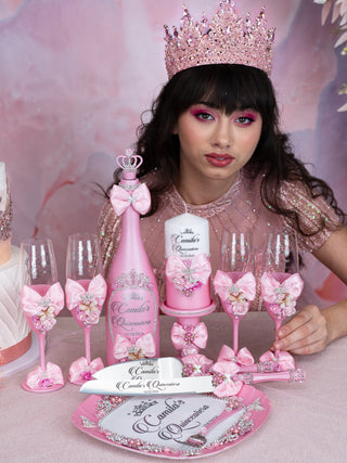 Pink quinceanera bottle with 4 glasses