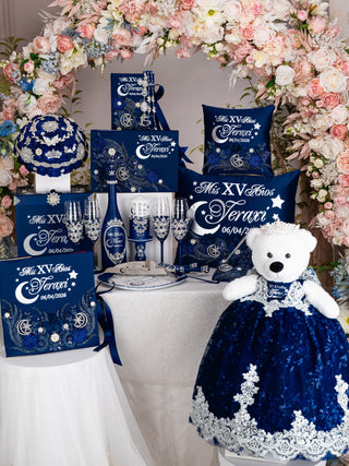 Moon and Stars themed Quinceanera Navy Bible with Rosary (in english)
