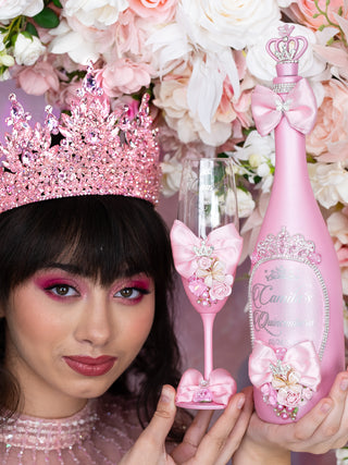 Pink quinceanera cake knife set with 1 glass