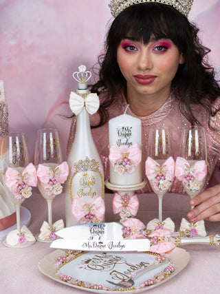 Champagne pink quinceanera bottle with 1 glass