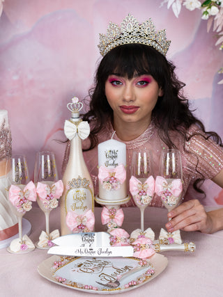 Champagne Pink quinceanera cake knife set with 1 glass