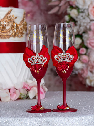 Wine red with tiara Quinceanera 2 champagne glasses
