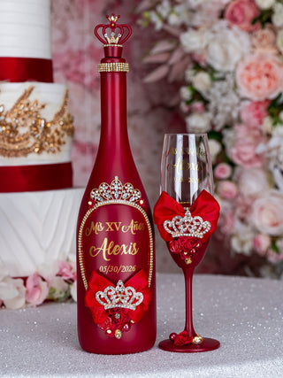 Wine red with tiara 1 quinceanera champagne glass