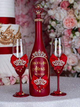Wine red with tiara 1 quinceanera champagne glass