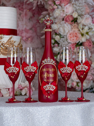 Wine red with tiara 1 quinceanera champagne glass