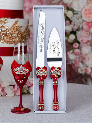 Wine red with tiara Quinceanera 2 champagne glasses