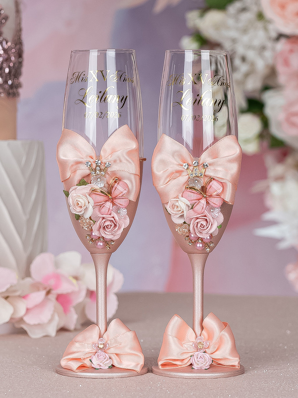 Set of 2 Rose Gold Quinceanera Champagne Glasses / quinceanera-decor