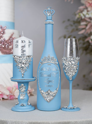 Ice blue quinceanera brindis package with bottle and candle