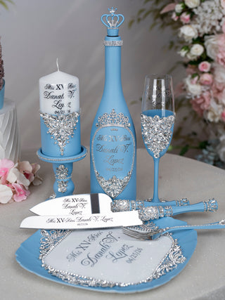Ice blue quinceanera cake knife set with 1 glass