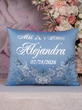 Dusty Blue silver quinceanera kneeling pillow, shoes pillow