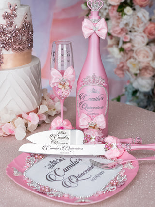 Pink quinceanera brindis package with bottle and candle