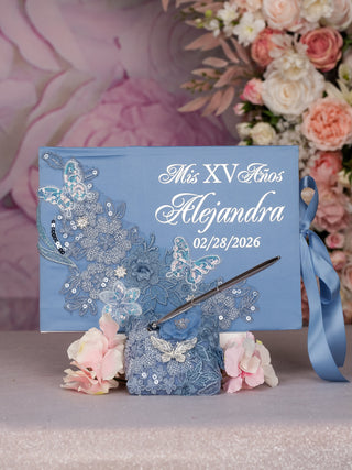 Dusty Blue silver quinceanera guest book