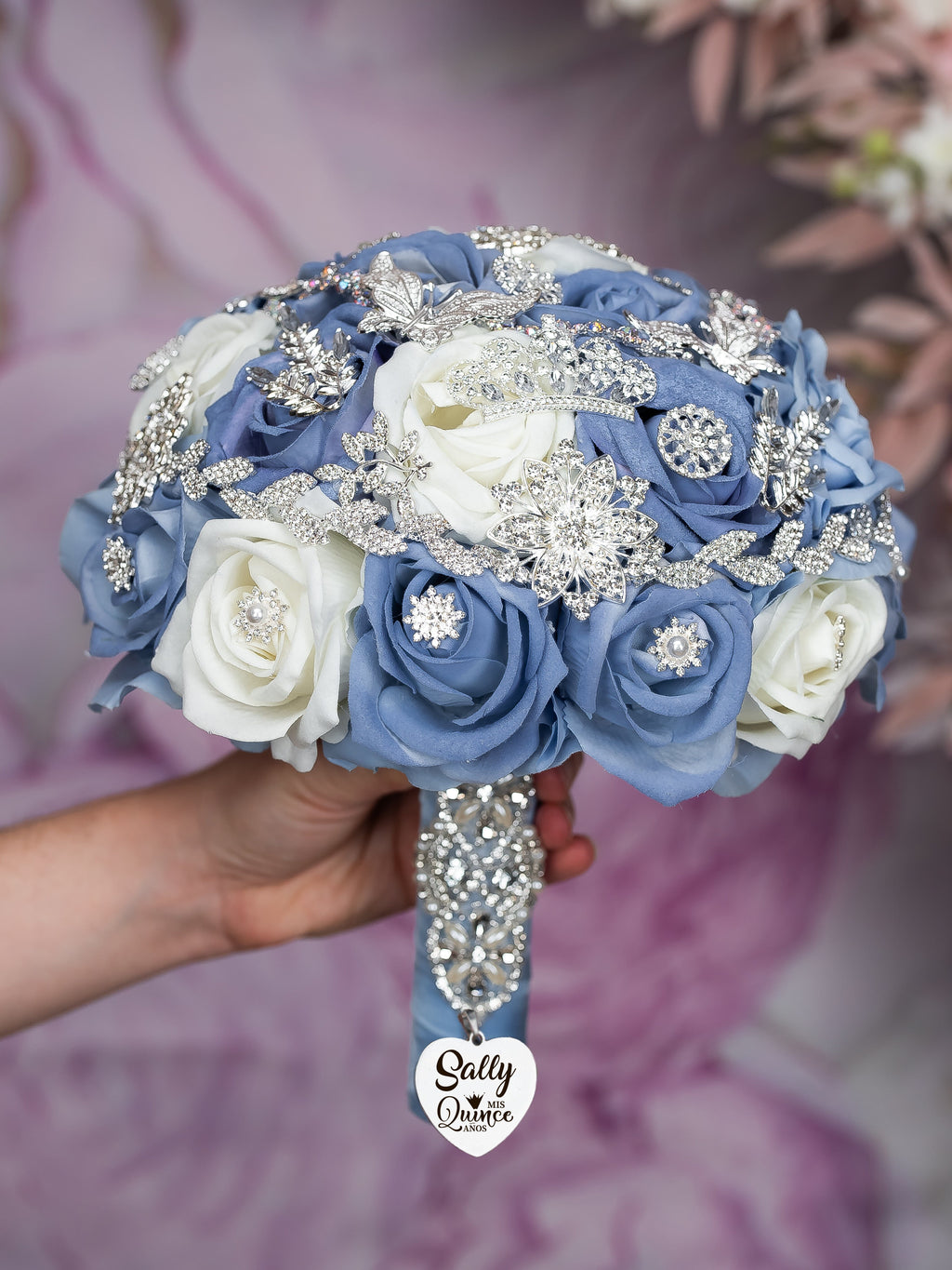 Dusty Blue Silver Quinceanera Bouquet 9 Inches
