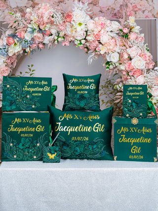 Green Gold quinceanera pillows set