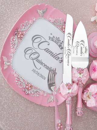 Pink quinceanera cake knife set with plate and fork