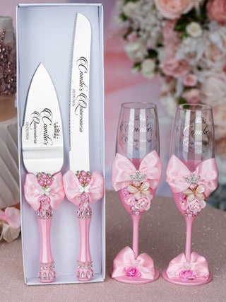 Pink quinceanera cake knife set with 2 glasses