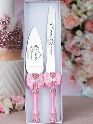 Pink quinceanera cake knife set with 2 glasses