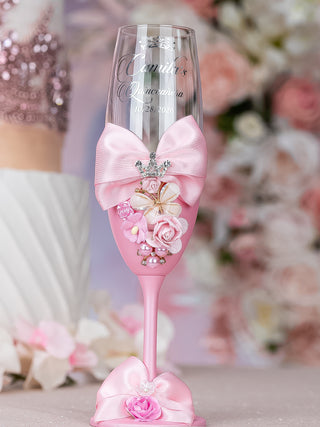 Pink quinceanera cake knife set with 1 glass