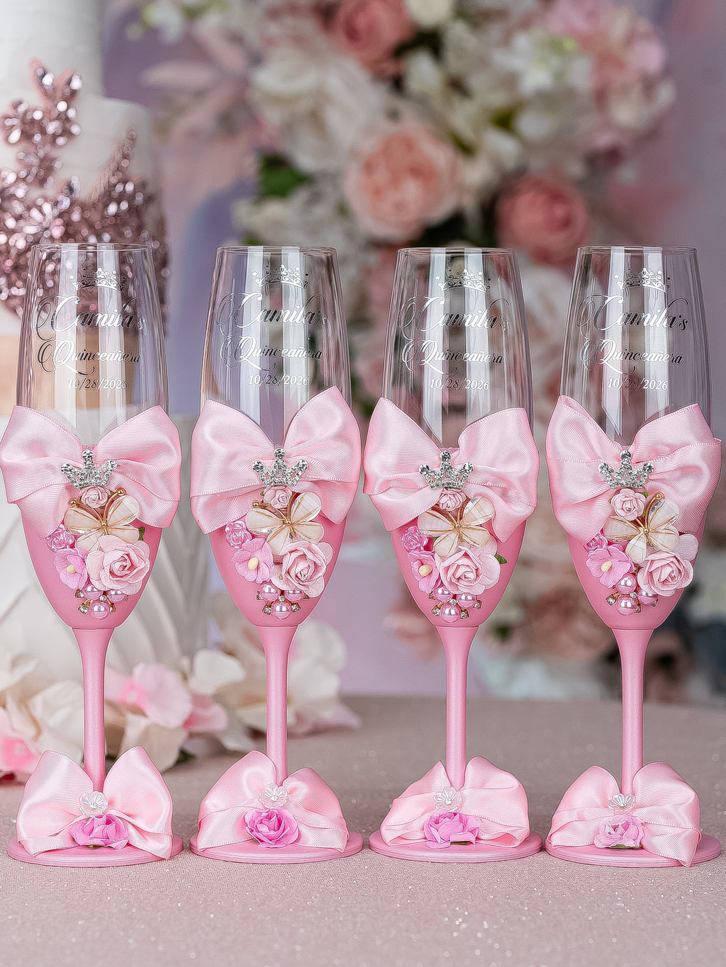 Pink 4 quinceanera champagne glasses / quinceanera-decor