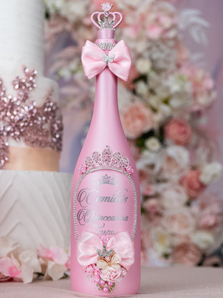 Pink and Gold quinceanera bottle with 1 glass