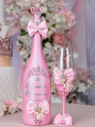 Pink and Gold quinceanera bottle with 1 glass