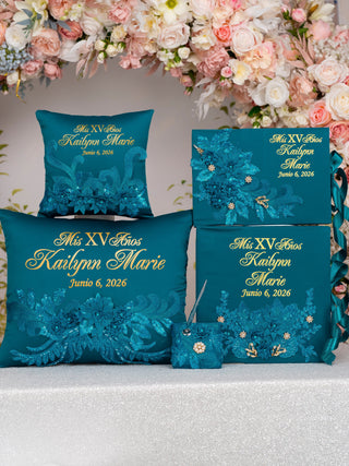 Teal Quinceanera guest book with pen