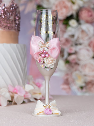 Champagne Pink quinceanera cake knife set with 1 glass