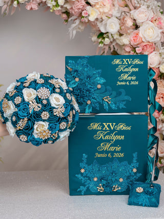Teal Quinceanera guest book with pen