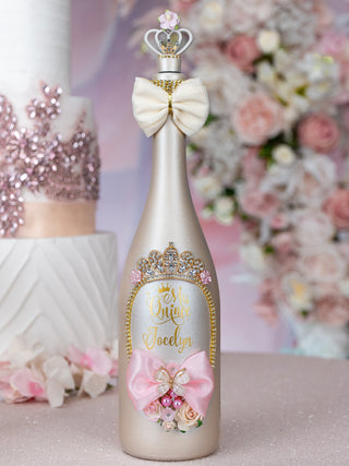 Champagne pink quinceanera bottle with 1 glass