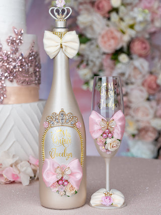 Champagne pink quinceanera bottle with 1 glass