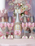 Champagne pink quinceanera bottle with 4 glasses