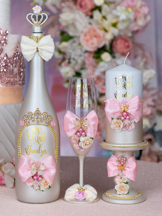 Champagne Pink quinceanera package of bottle, glass and candle