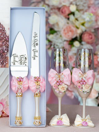 Champagne Pink quinceanera cake knife set with 2 glasses