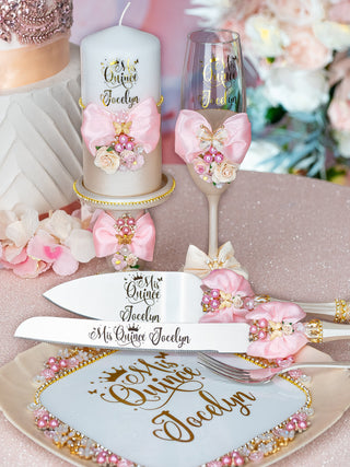 Champagne Pink quinceanera brindis package with candle