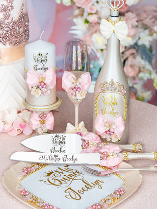 Champagne Pink quinceanera brindis package with bottle and candle