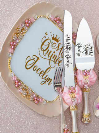 Champagne Pink quinceanera cake knife set with plate and fork