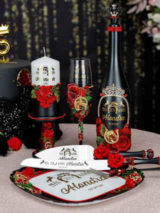 Black and Red Charro quinceanera brindis package with candle