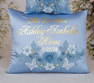 Slate Blue Gold quinceanera kneeling pillow, shoes pillow