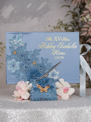 Slate Blue Gold quinceanera pillows set