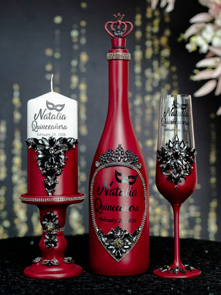 Burgundy Black mask Quinceanera brindis package with bottle and candle
