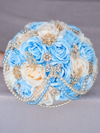 Light Blue Ivory with Pearl Quinceanera bouquet 9 inches