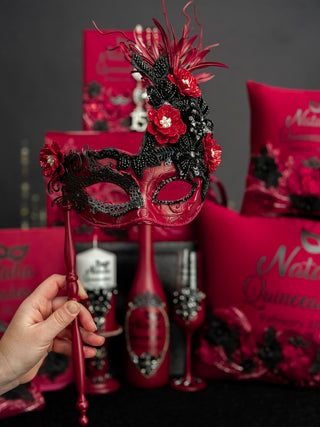 Burgundy Black Quinceanera masquerade mask