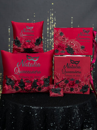Burgundy Black mask Quinceanera package