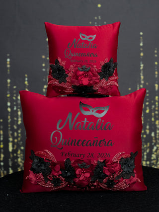Burgundy Black mask Quinceanera brindis package with bottle and candle