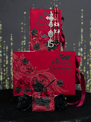 Burgundy Black mask Quinceanera pillows set
